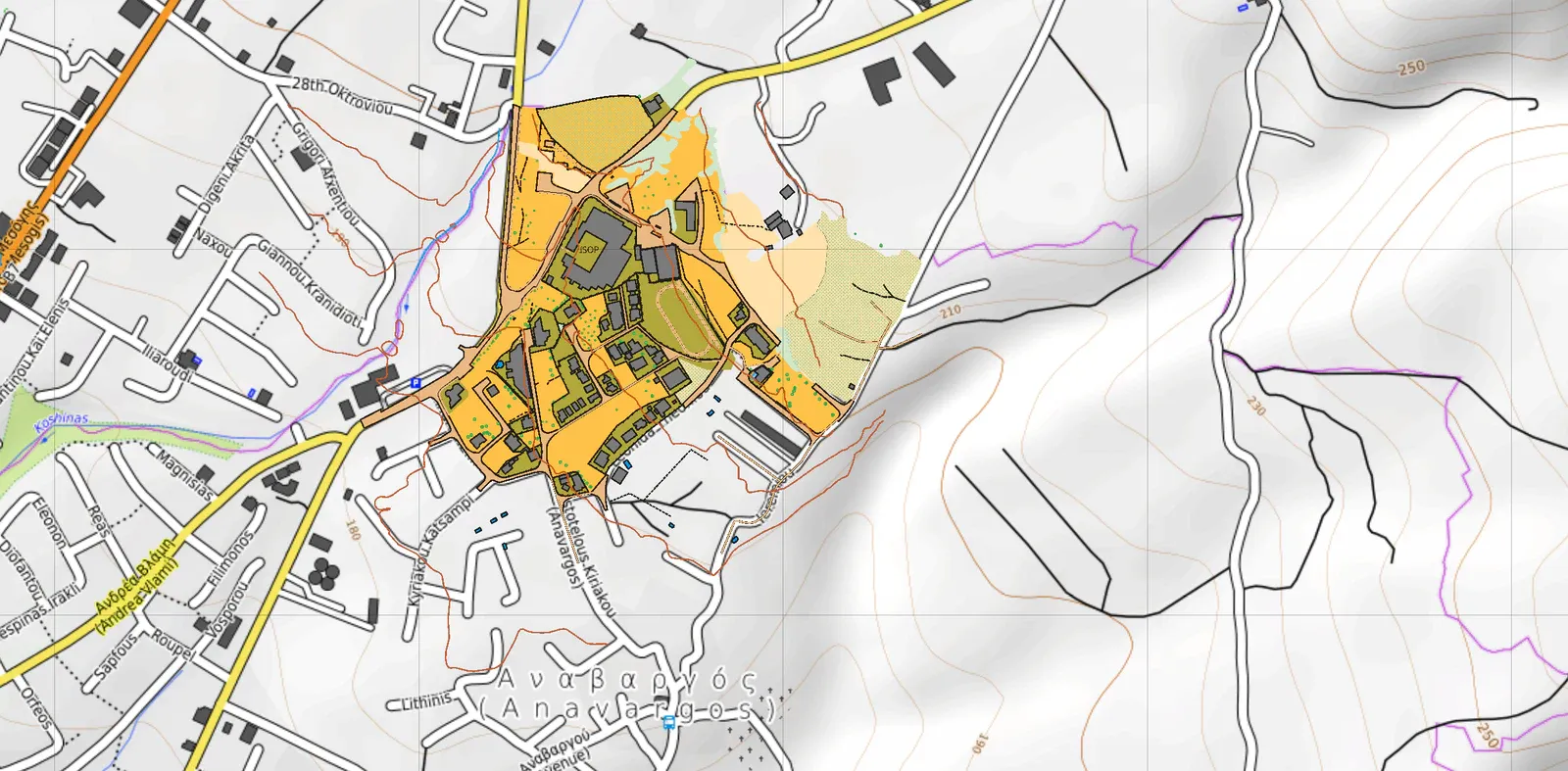 The same map over OpenTopoMap: contours and hillshading under the orienteering
drawing.