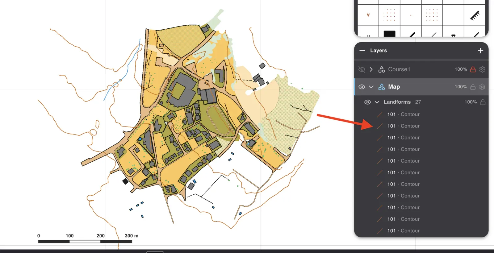 After the move: the contours now sit in the drawing layer, grouped under Landforms with 27
objects.