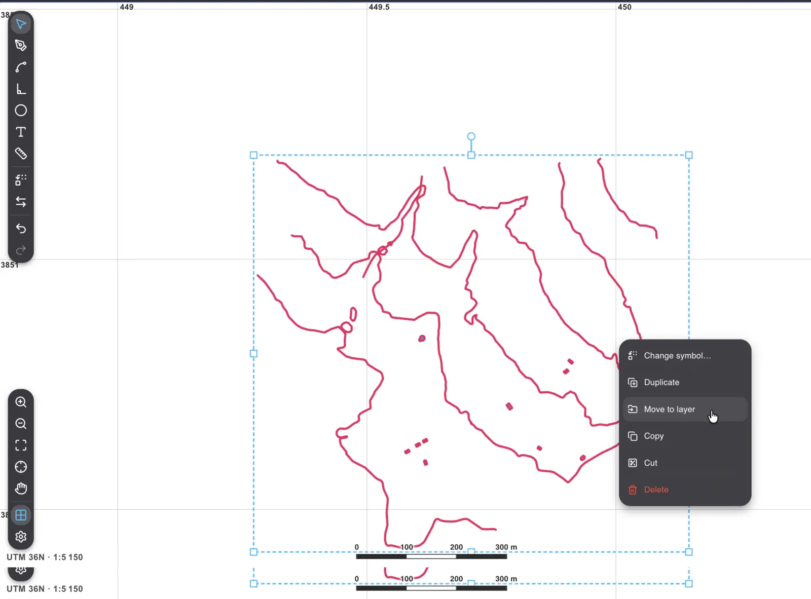 Contours selected on the imported layer, with the context menu open on Move to
layer.