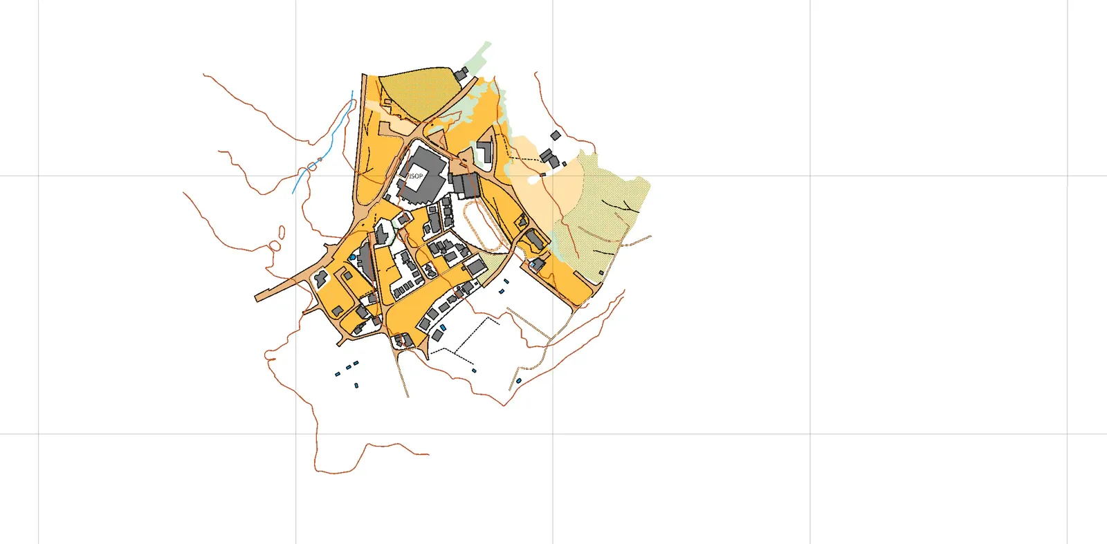 Vegetation added: yellow open ground and green slow-running patches fill the space between
streets.