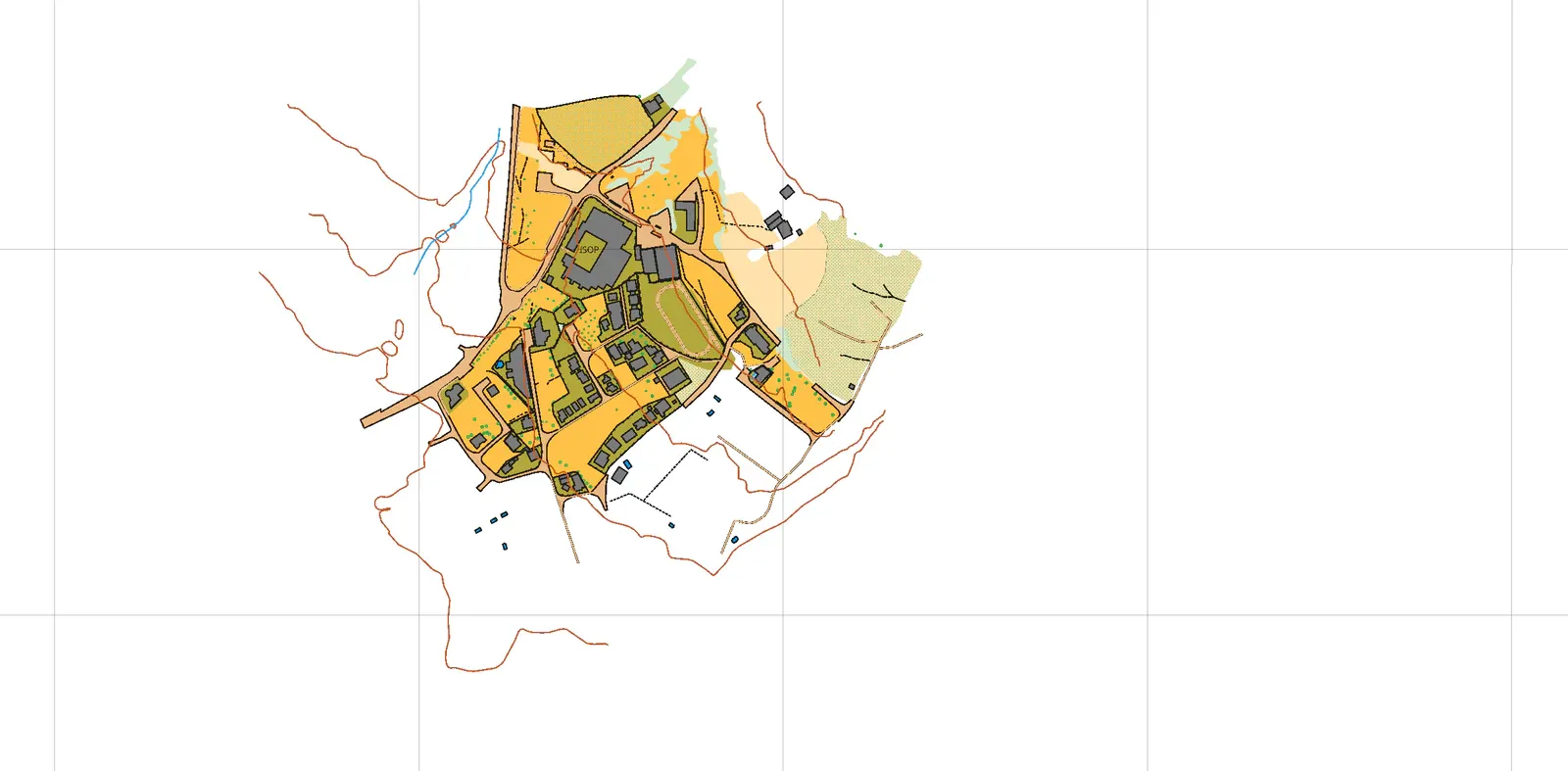 Out-of-bounds areas added: olive groves and private plots hatched
purple.