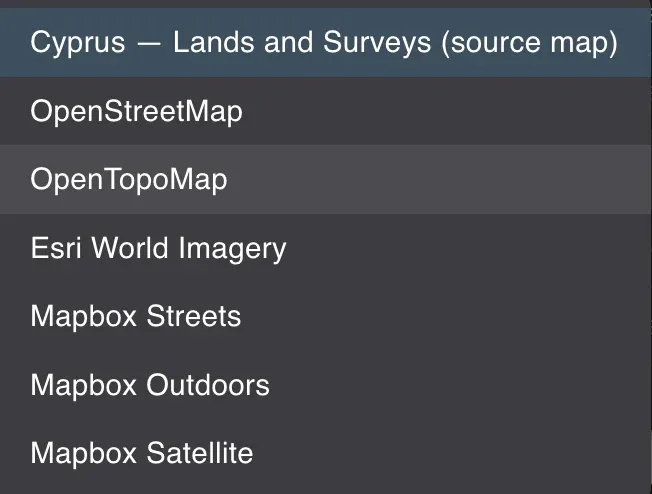 The background list inside the wizard: the source's own map, OpenStreetMap, OpenTopoMap, Esri World
Imagery and three Mapbox styles.
